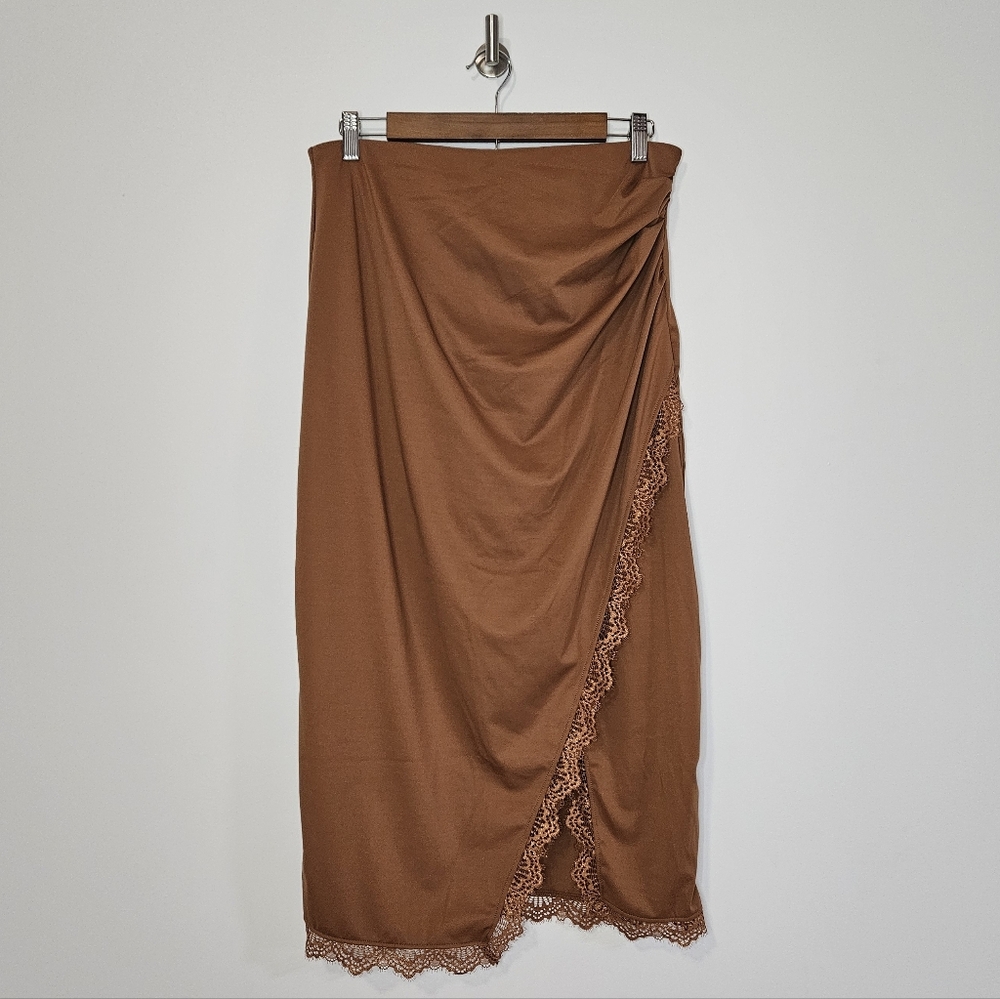 Women's Brown Lace-Trim Wrap Midi Skirt - Picture 3 of 7